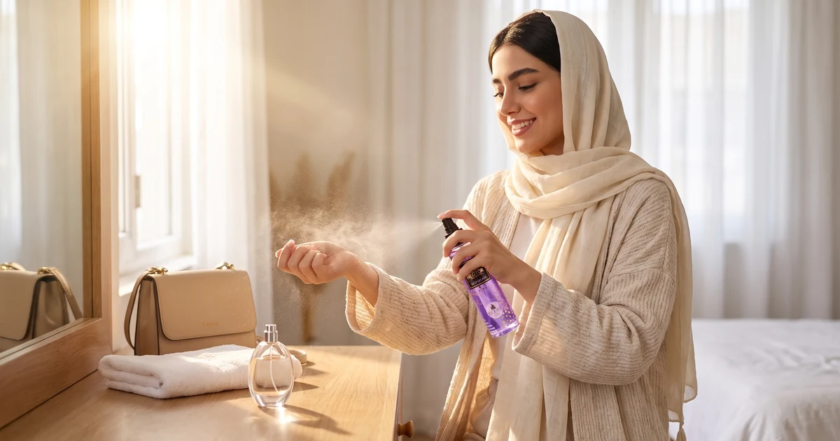 زنی خندان در حال زدن بادی اسپلش روی مچ دست کنار میز آرایش با یک شیشه عطر کوچک؛ مقایسهٔ بادی اسپلش و عطر