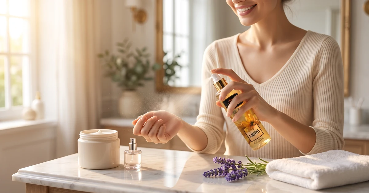 خانمی که برای لایه بندی رایحه بادی اسپلش را روی مچ دستش می‌زند، کنار لوسیون و عطر