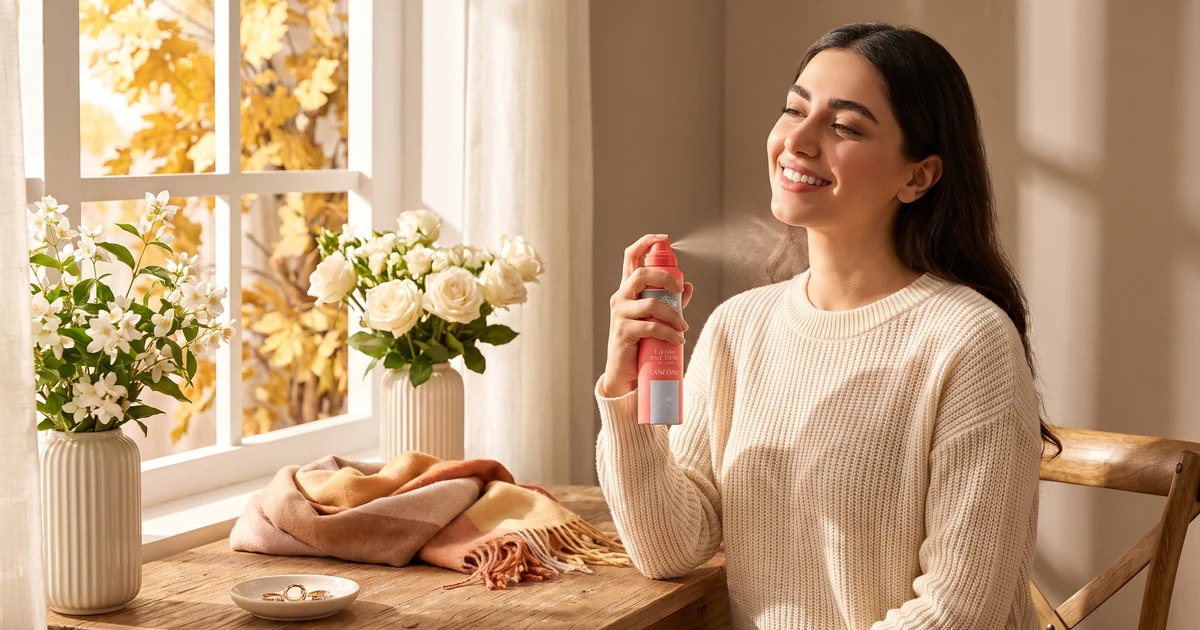 زنی خندان در حال زدن اسپری بدن زنانهٔ هکتور روی گردن کنار پنجره‌ای آفتابی